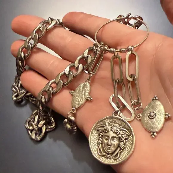 Ancient Greek Coin Medusa Medallion Lariat Steel Necklace - Picture 7 of 7